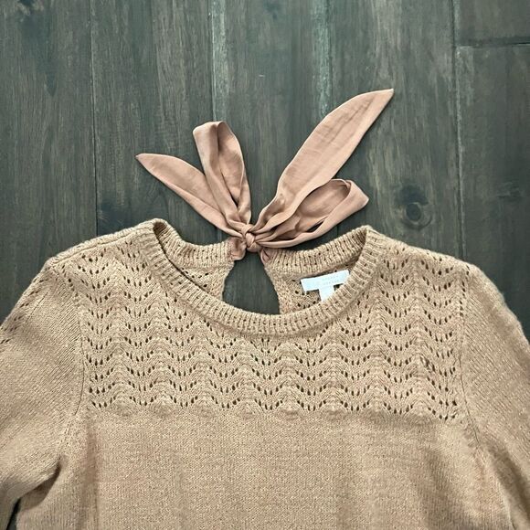 LC Lauren Conrad Tan Camel Scalloped Bell Sleeve Knit Sweater L - Picture 5 of 7